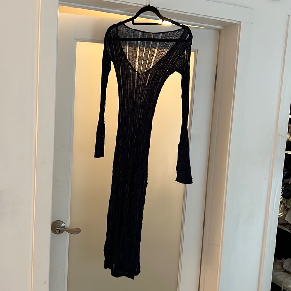 Cult Gaia long sleeve dark blue cover up dress sheer open weave size small